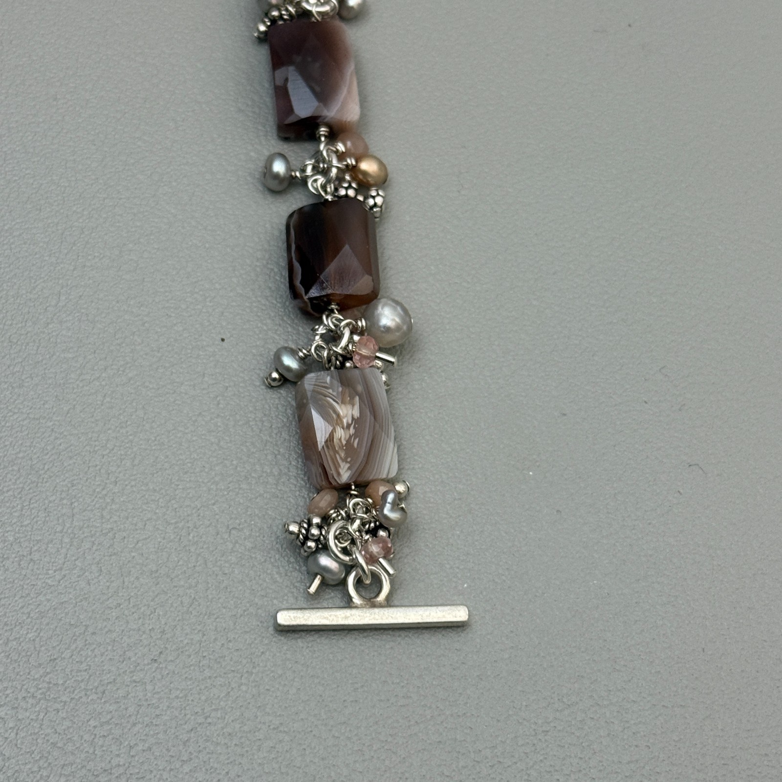 Artisan 925 Sterling Silver Banded Agate Pearl Bracelet Toggle Clasp 7″ Vintage