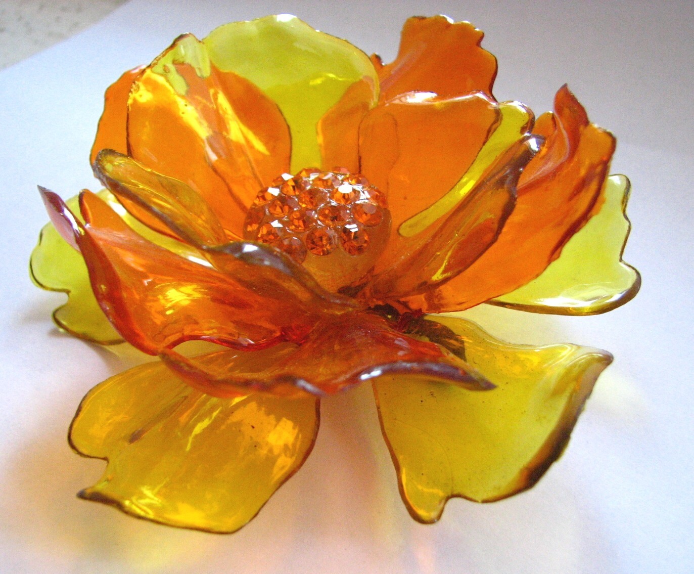 Gorgeous Vintage 1960s Massive Rhinestone Vibrant Orange Yellow Acetate Brooch