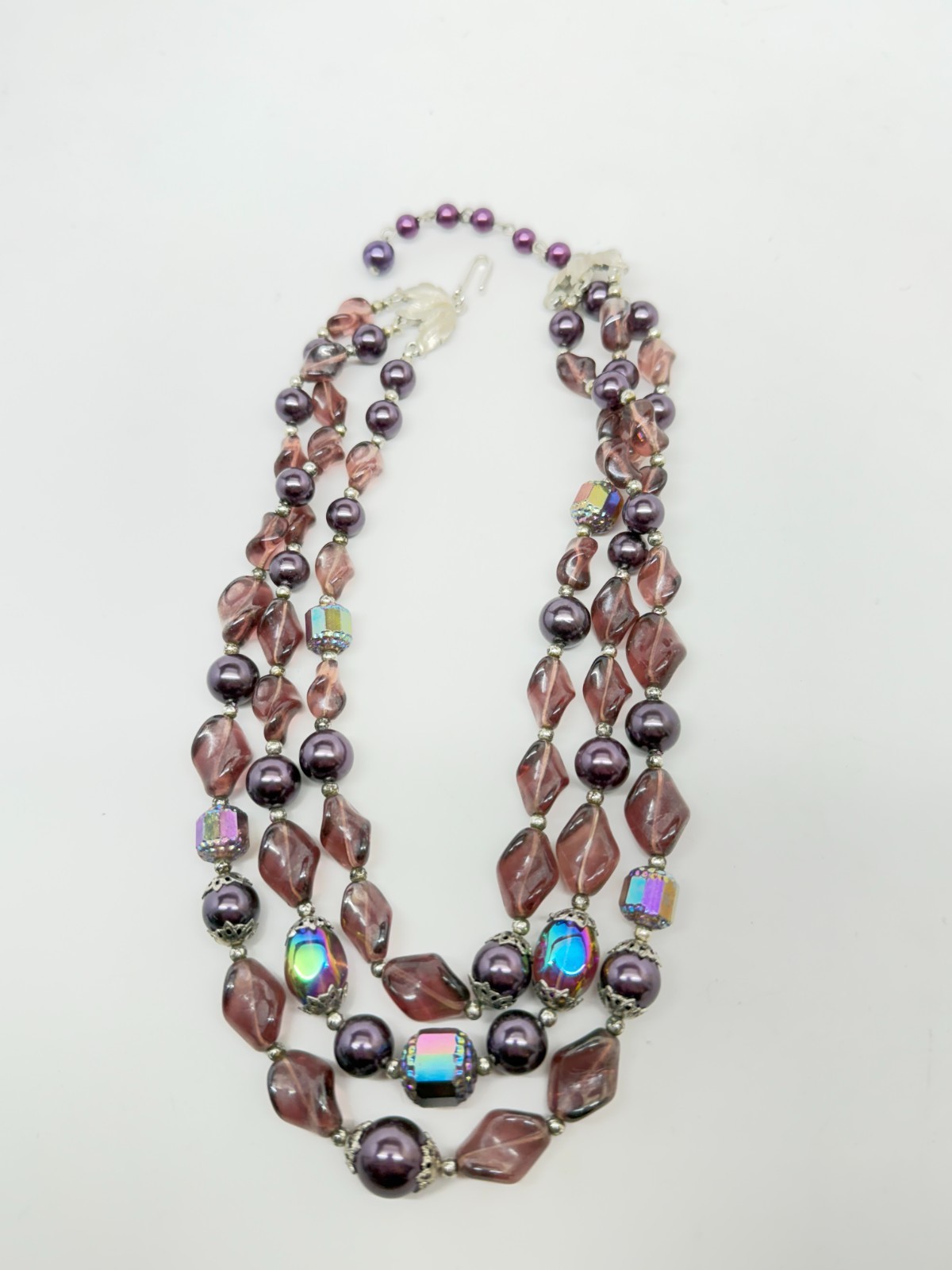 Vtg Crown Trifari purple Lucite AB Beads Demi Parure Set Silver W/ Box