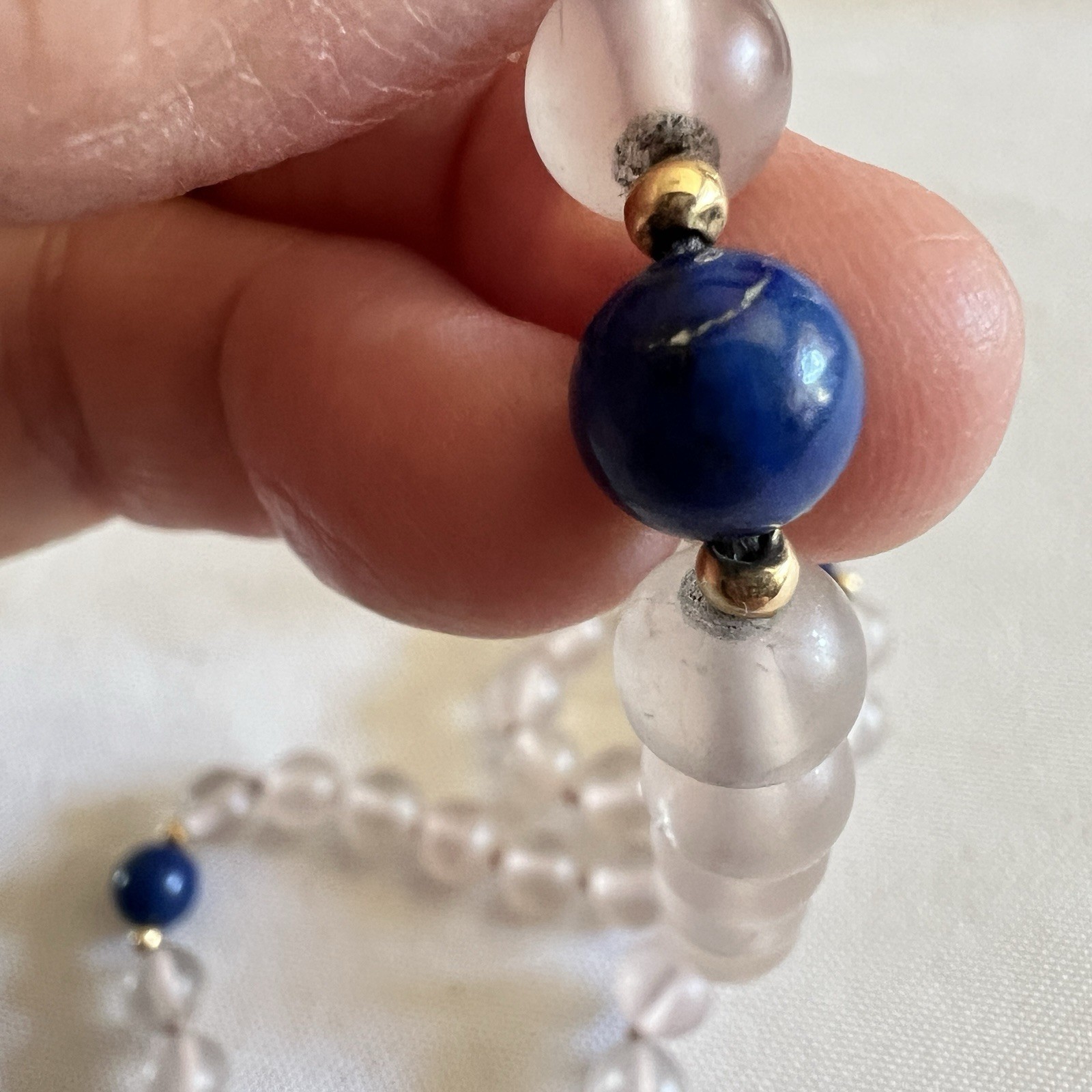 Vintage Frosted Rose Quartz Lapis Lazuli 27″ Beaded Necklace Gold Accent Spacers