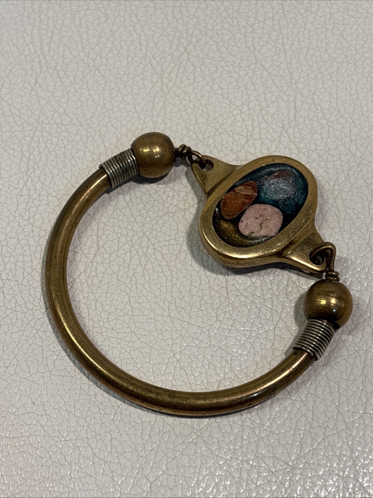 Vintage Artisan Brass Enamel Stone Cuff Bracelet Southwestern Boho Handmade
