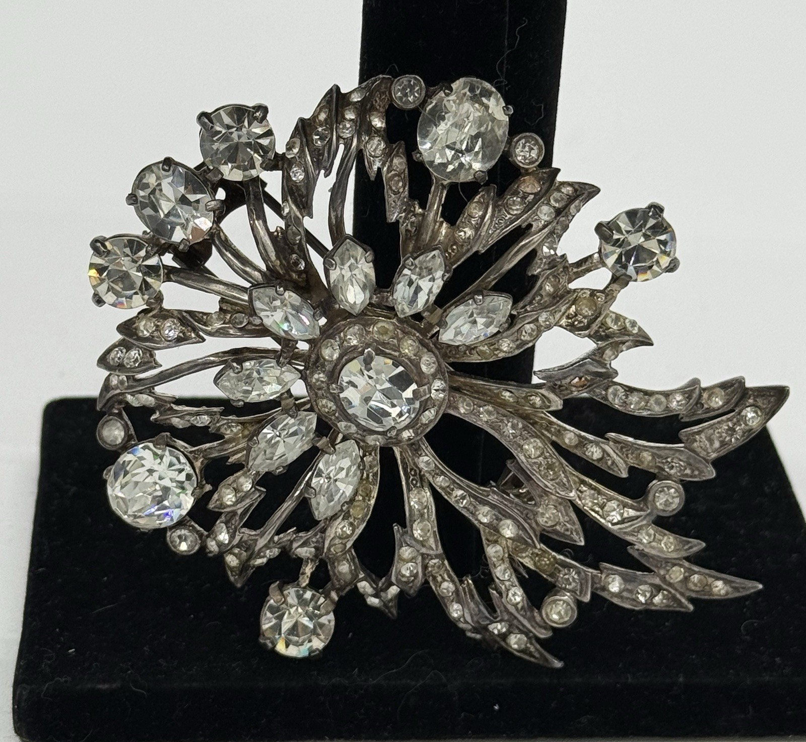 GIGANTIC 1940 Original Vintage EISENBERG Sterling silver RHINESTONE Fur Clip PIN