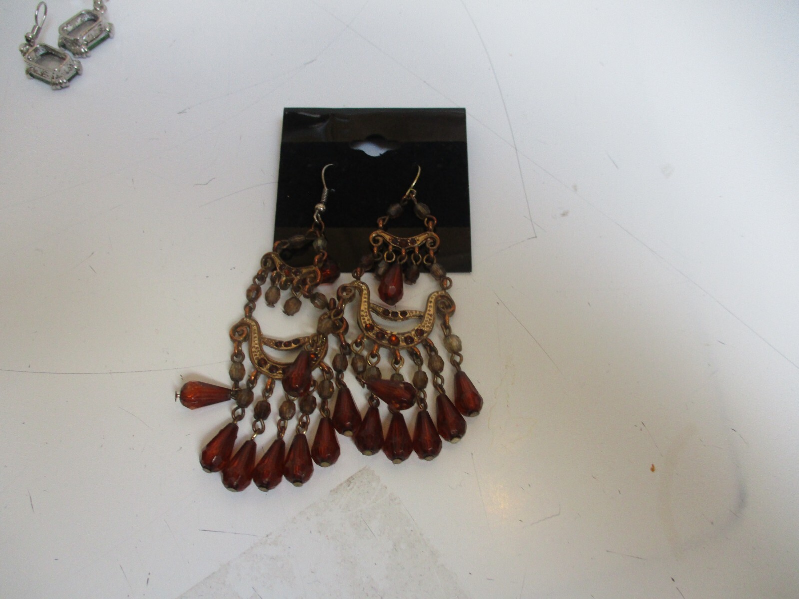 Vintage Bronze Color Dangle Hook Earrings w/ Brown Rhinestones & Bead Dangles