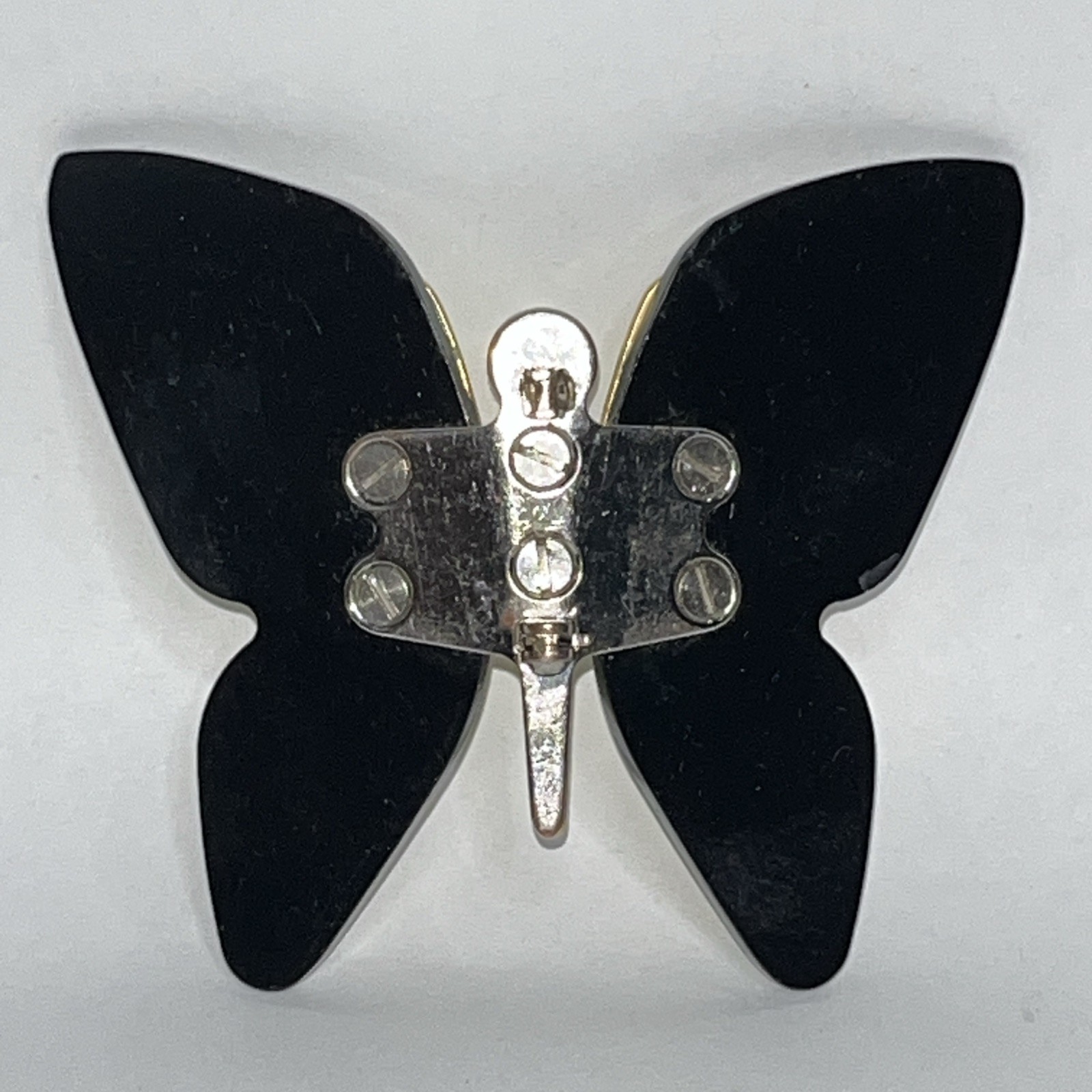 BUTTERFLY BROOCH PIN Layered Gold-Tone Metal & Black Acetate Resin 2.75″ READ