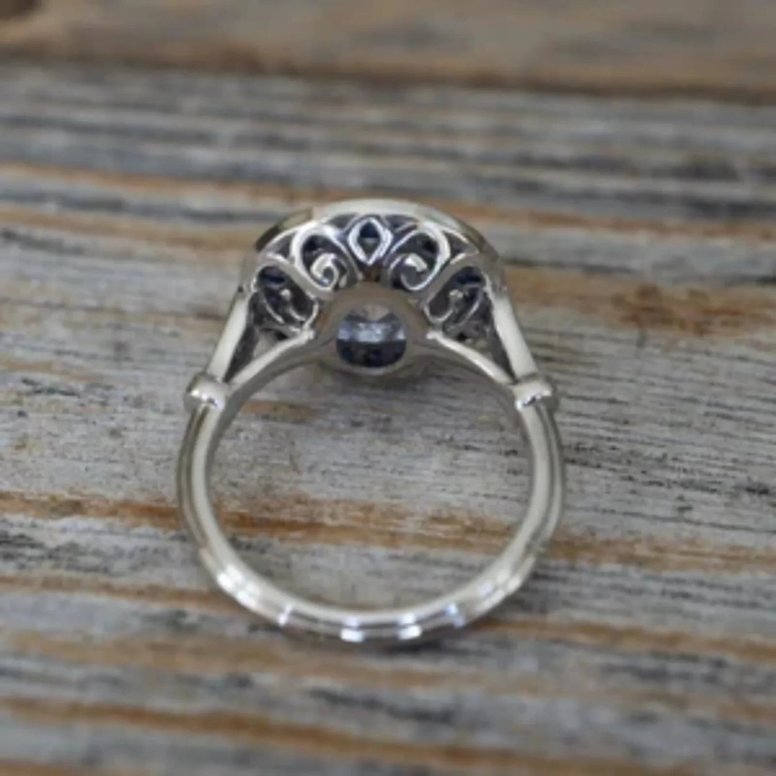 Art Deco Style Halo Lab Created Diamond Sapphire 14K White Gold FN Wedding Ring