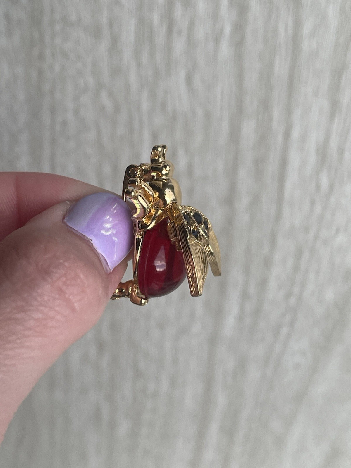 VTG Trifari Red Jelly Belly Trembler Wings Black Rhinestone Bug Bee Pin Brooch