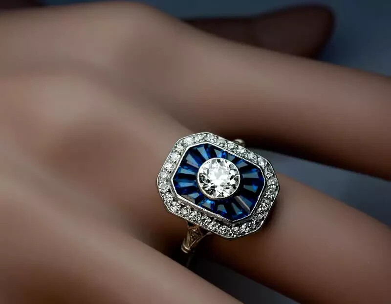 Art Deco Style Lab Created Diamond & Sapphire Wedding 14K White Gold Finish Ring