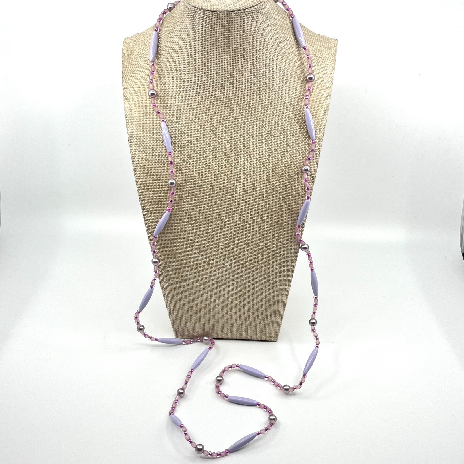 Vintage Lavender Purple Beaded Strand Necklace Long Boho Faux Pearl Mixed Beads