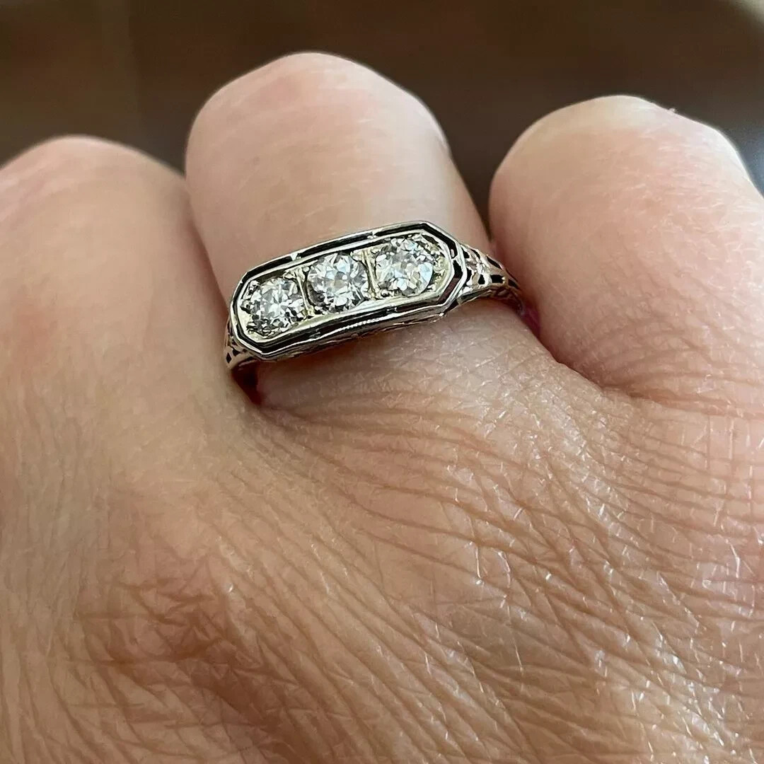 Art Deco Style Lab Created Diamond Three-Stone Engagement Ring 14k White Gold FN