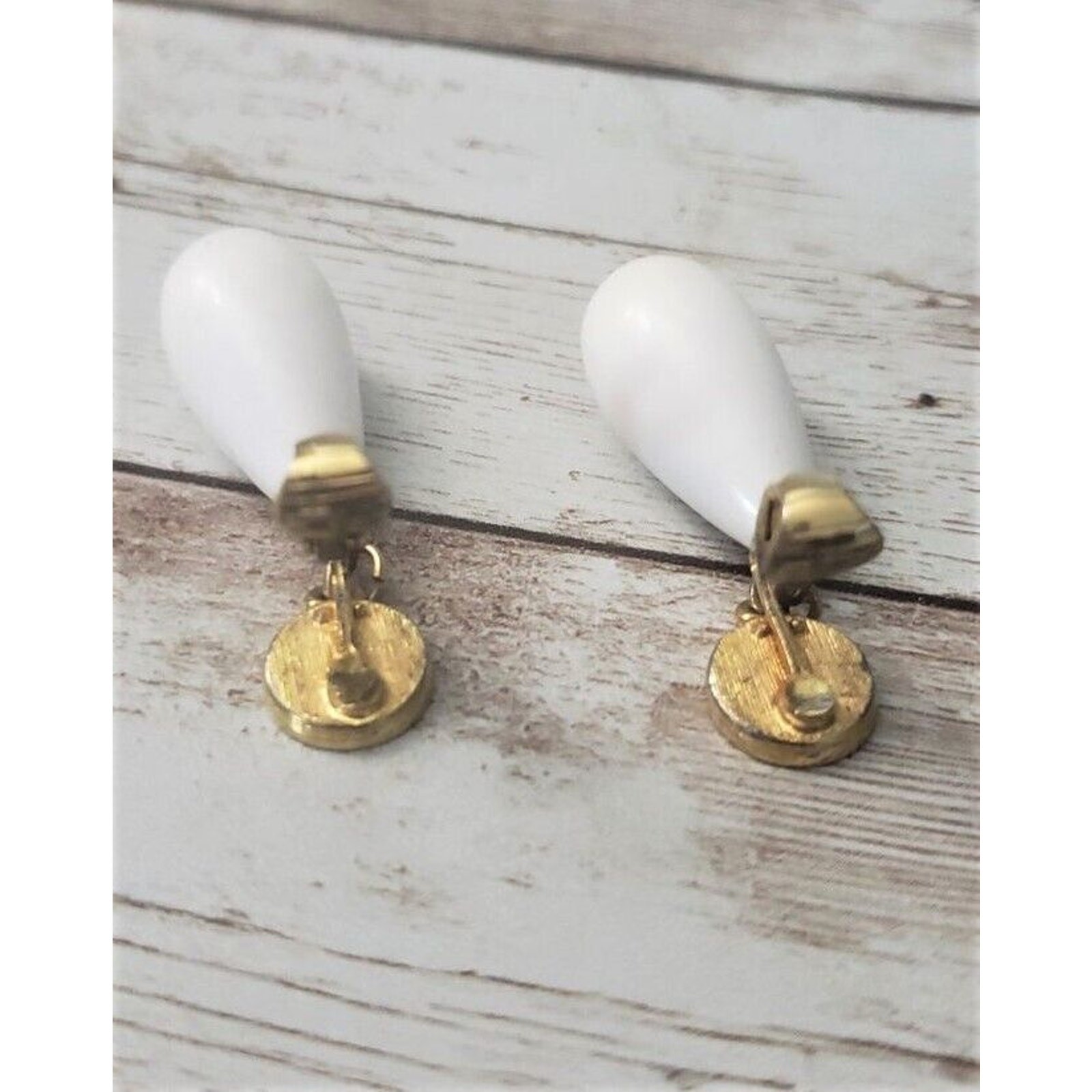 Vintage Clip On Earrings – Elongated White Dangle 1 & 5/8″
