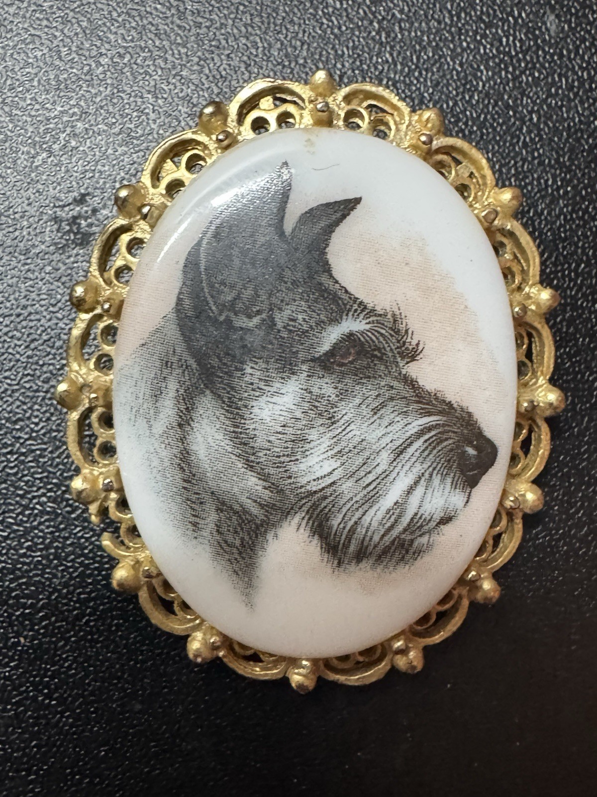 Vintage Painted Porcelain Schnauzer Dog Cameo Brooch W/ Gold Brass Ornate Frame