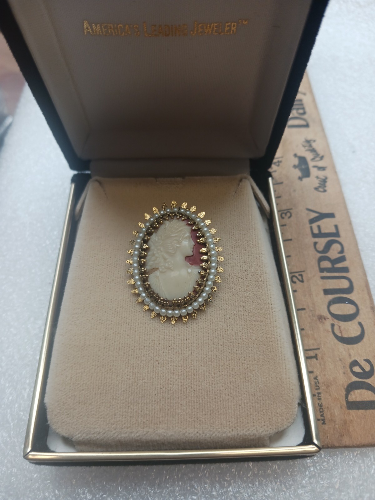 Vintage Cameo Brooch Old Antique Ladies Jewelry Pendant In Box