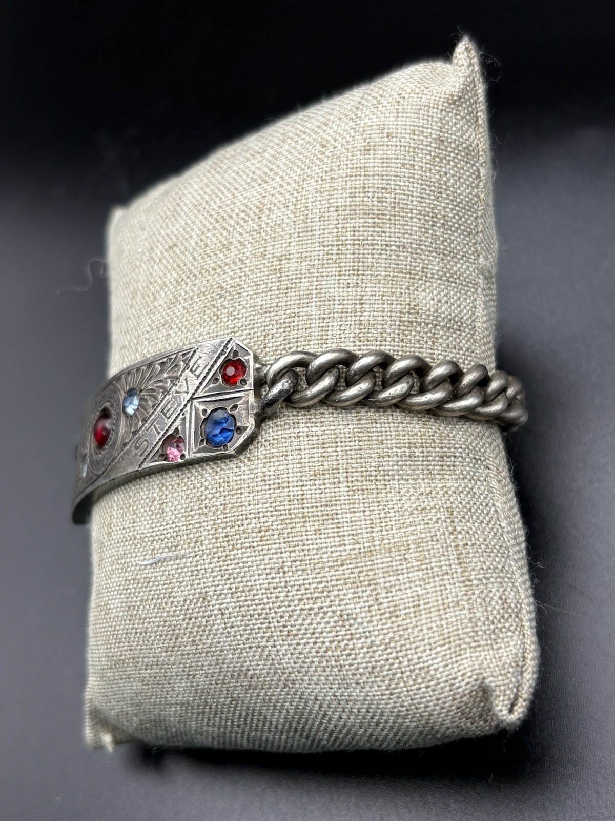 Vintage Sterling Silver ID Men Bracelet Engrave Steve Color Stone Heavy 46g 8”