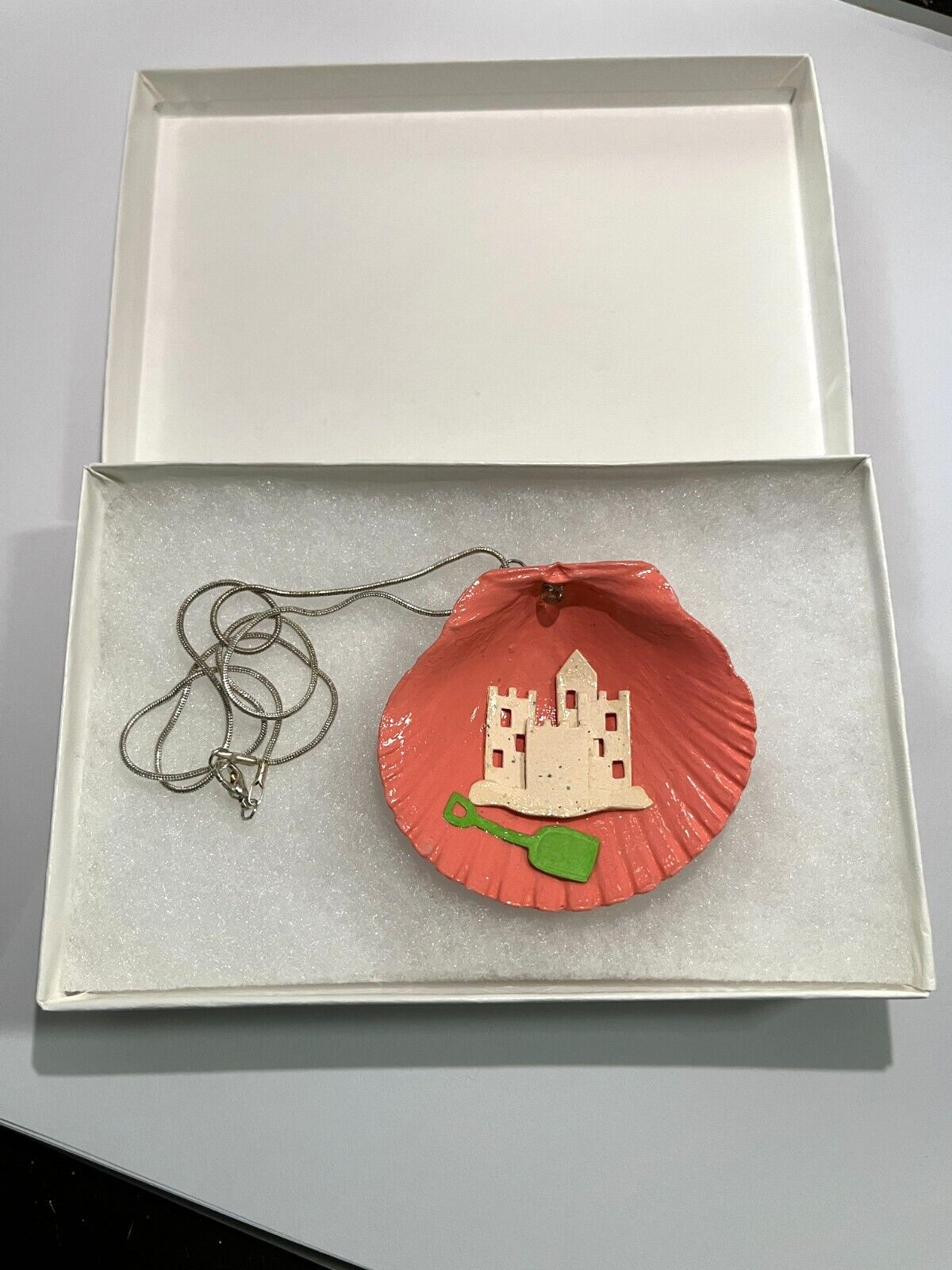 Handmade Art Summer 3d Sand Castle Seashell Necklace approx 18″ chain gift
