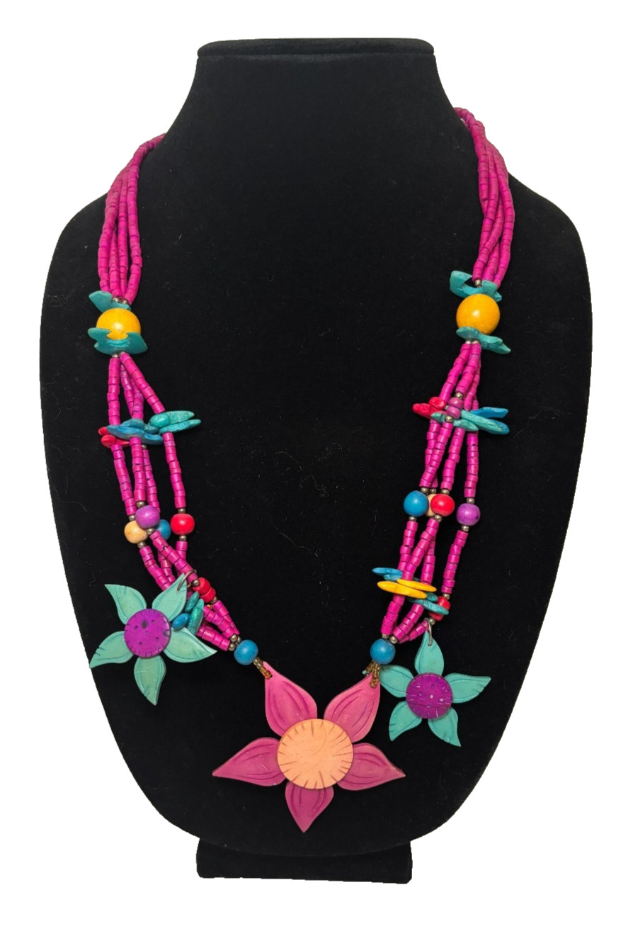 Vintage Tropical Flower Necklace Colorful Wood Bead Statement