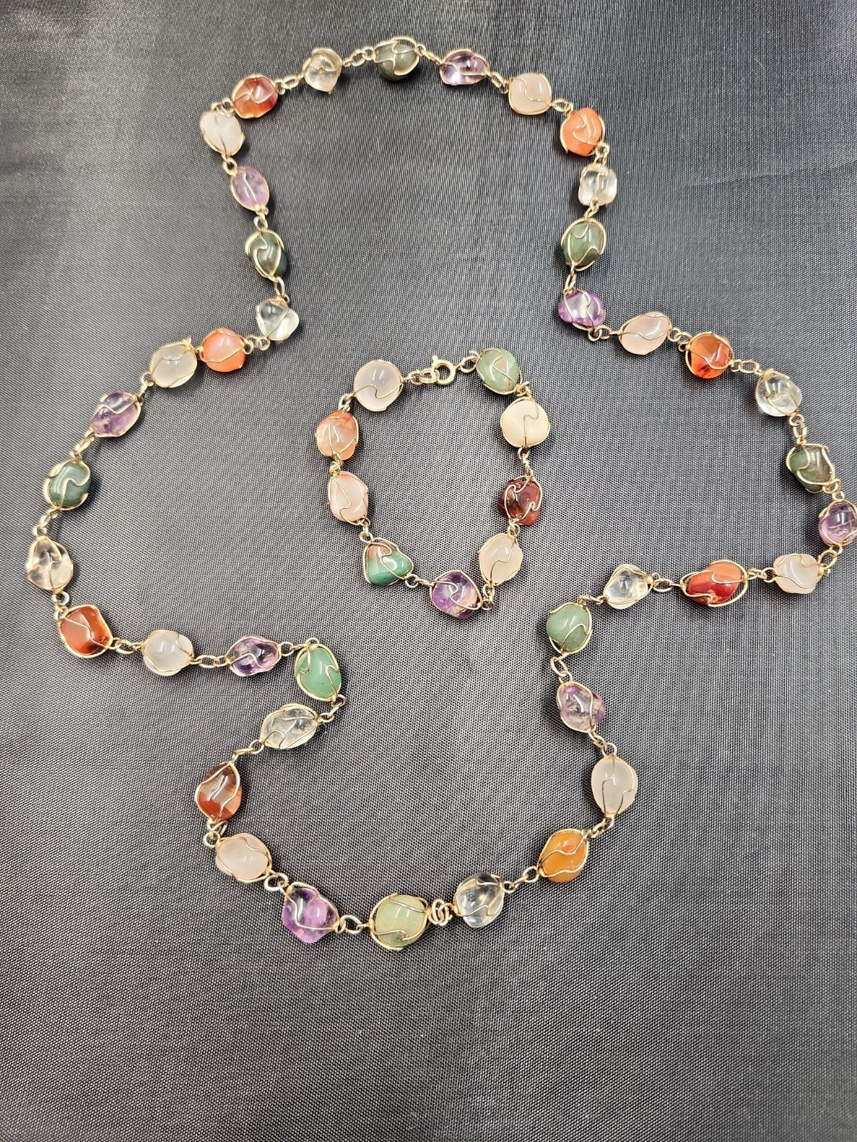 Vintage 1960s Caged Gemstone Necklace Bracelet Set Wire Wrapped Tumbled Boho MCM