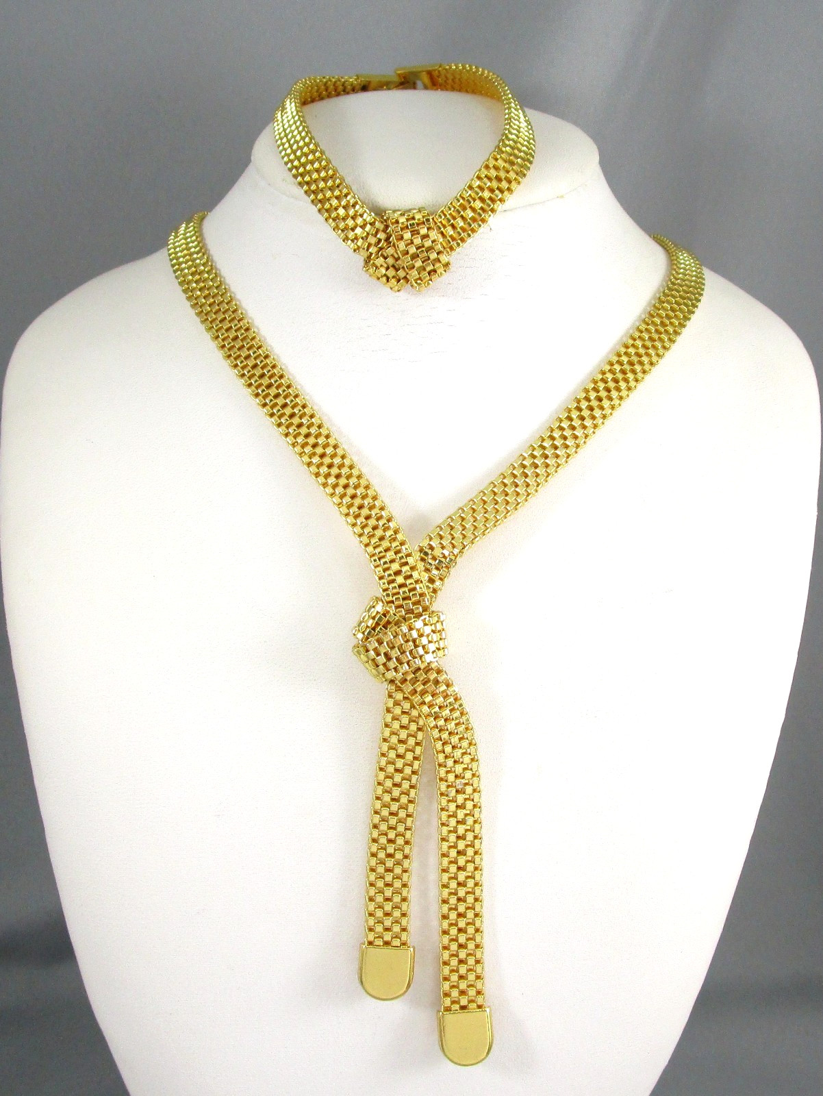 Vontage Gold Tone Metal Knotted Mesh link Chain SET Necklace & Bracelet 953