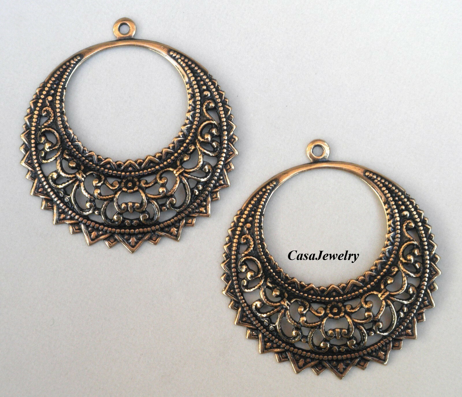 #0025 LARGE ANTIQUED GOLD ROUND OPEN FILIGREE W/TOP HANG RING – 2 Pc Lot