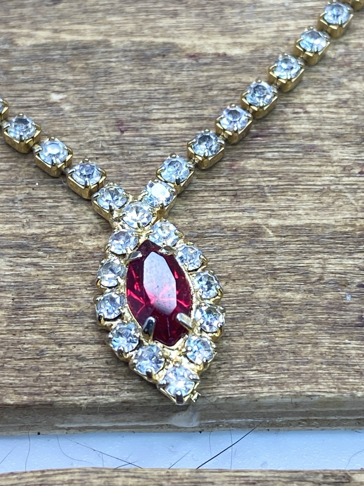 Vintage Red & Clear Rhinestone Gold Tone Necklace & Earrings Set