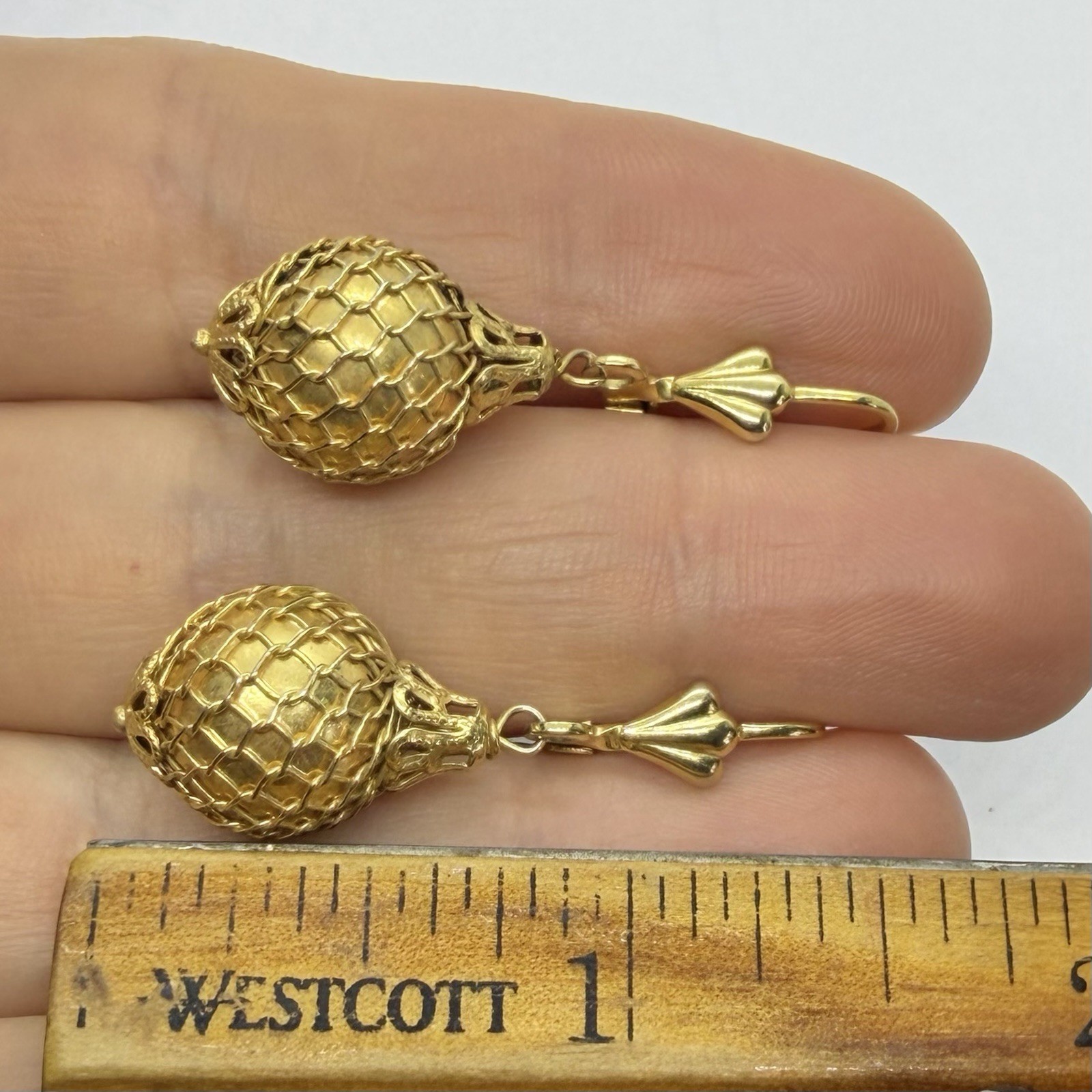 Vtg Mesh Goldtone Bead Dangle Leverback Earrings