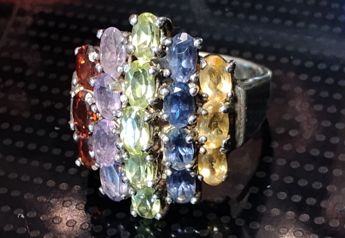Vintage Ring Sterling Silver Rainbow Multi Gemstone Gem Sapphire/Peridot/Citrine