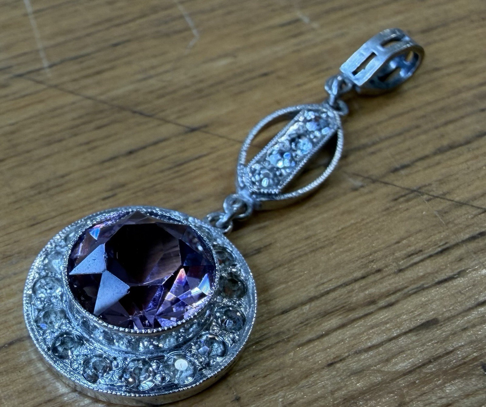 Sterling Silver Faceted Amethyst Dangle Drop Pendant 1.5” 3g Authentic Art Deco