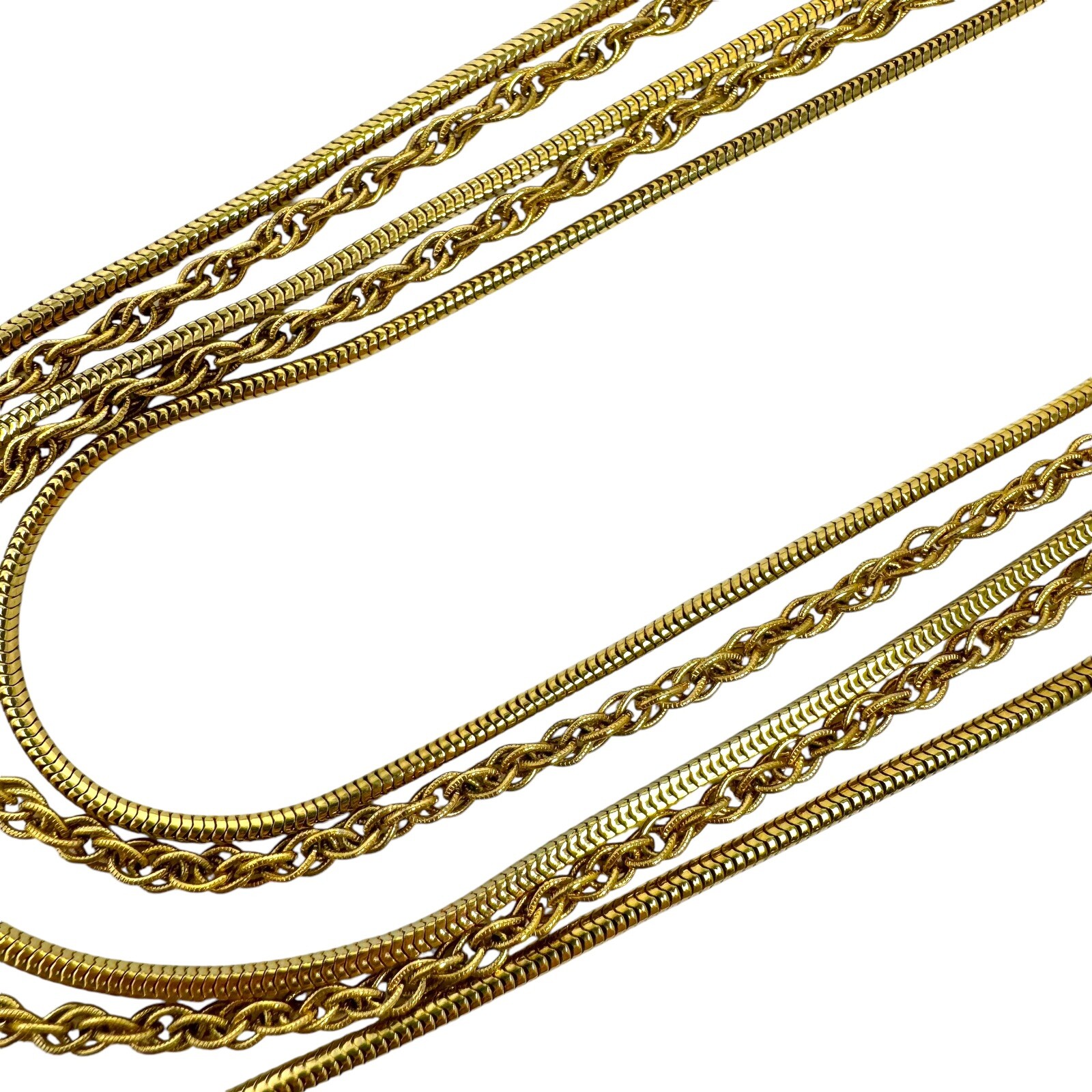 Vintage Gold Tone 5 Layered Flat Serpentine and Multilink Chain Collar Necklace