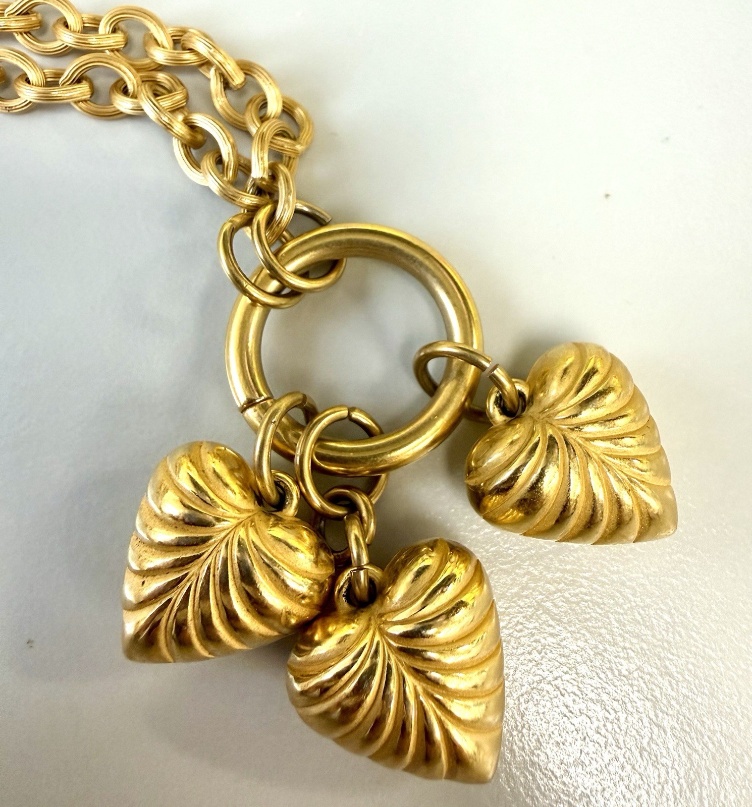Vintage Anne Klein Gold Tone Triple Heart Charm Necklace Toggle Chain Statement