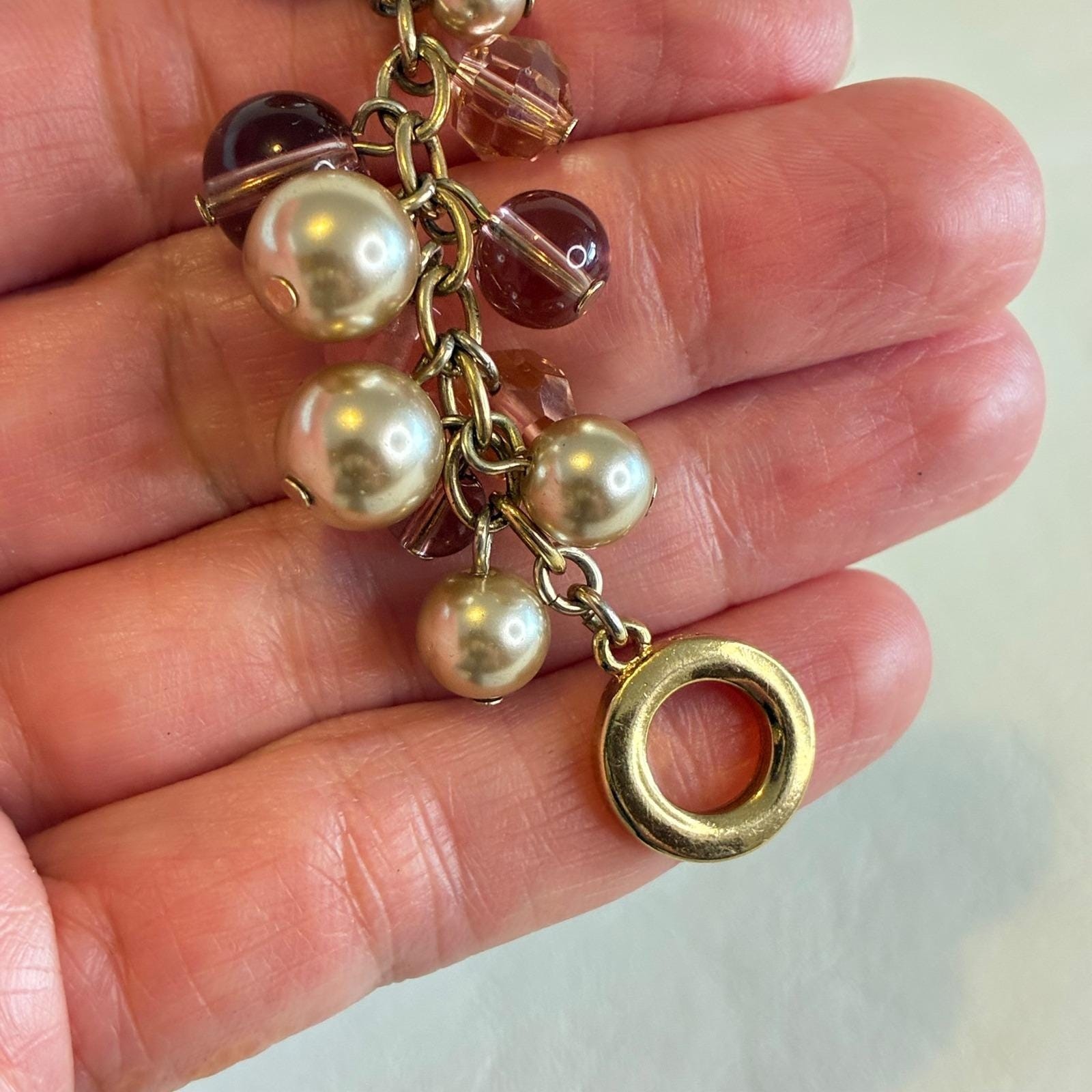 Vintage Carolee Bracelet Gold Tone Faux Pearl Glass Bead Rhinestone Charm Pink