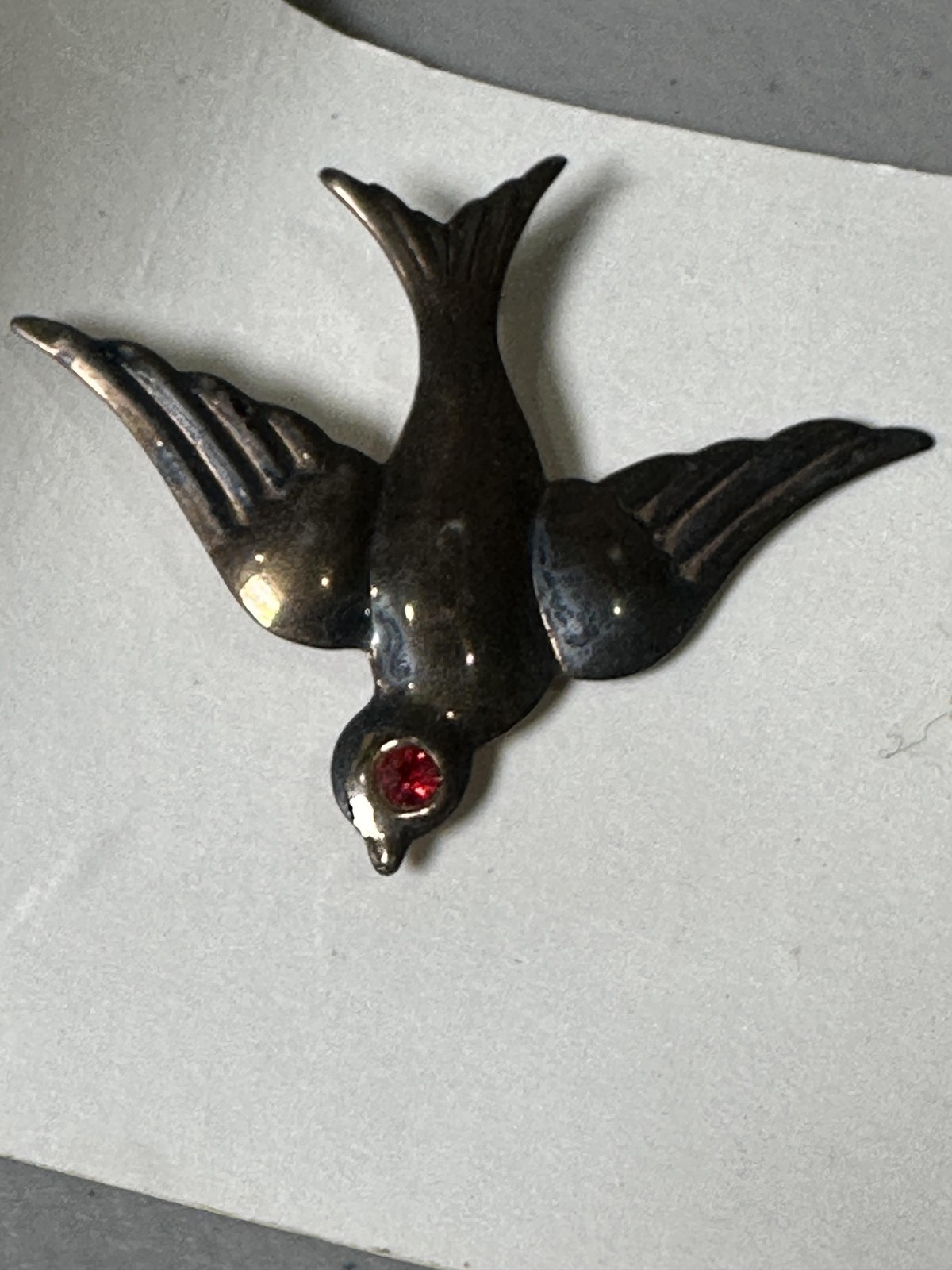 Vintage Sterling Silver Flying Swallow Bird Brooch Pin Red Glass Rhinestone Eye