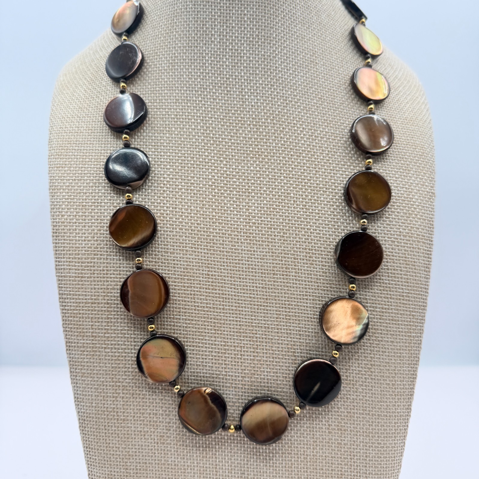 Vintage Golden Brown Shell Disc Necklace MOP Retro Boho 90s Chunky Statement