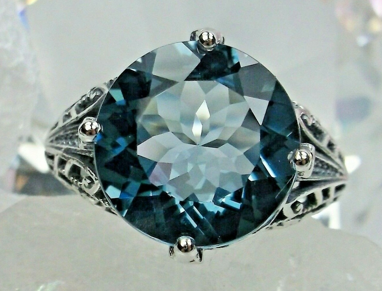 NATURAL London Blue Topaz Sterling Silver Filigree Ring Made To Order D#54