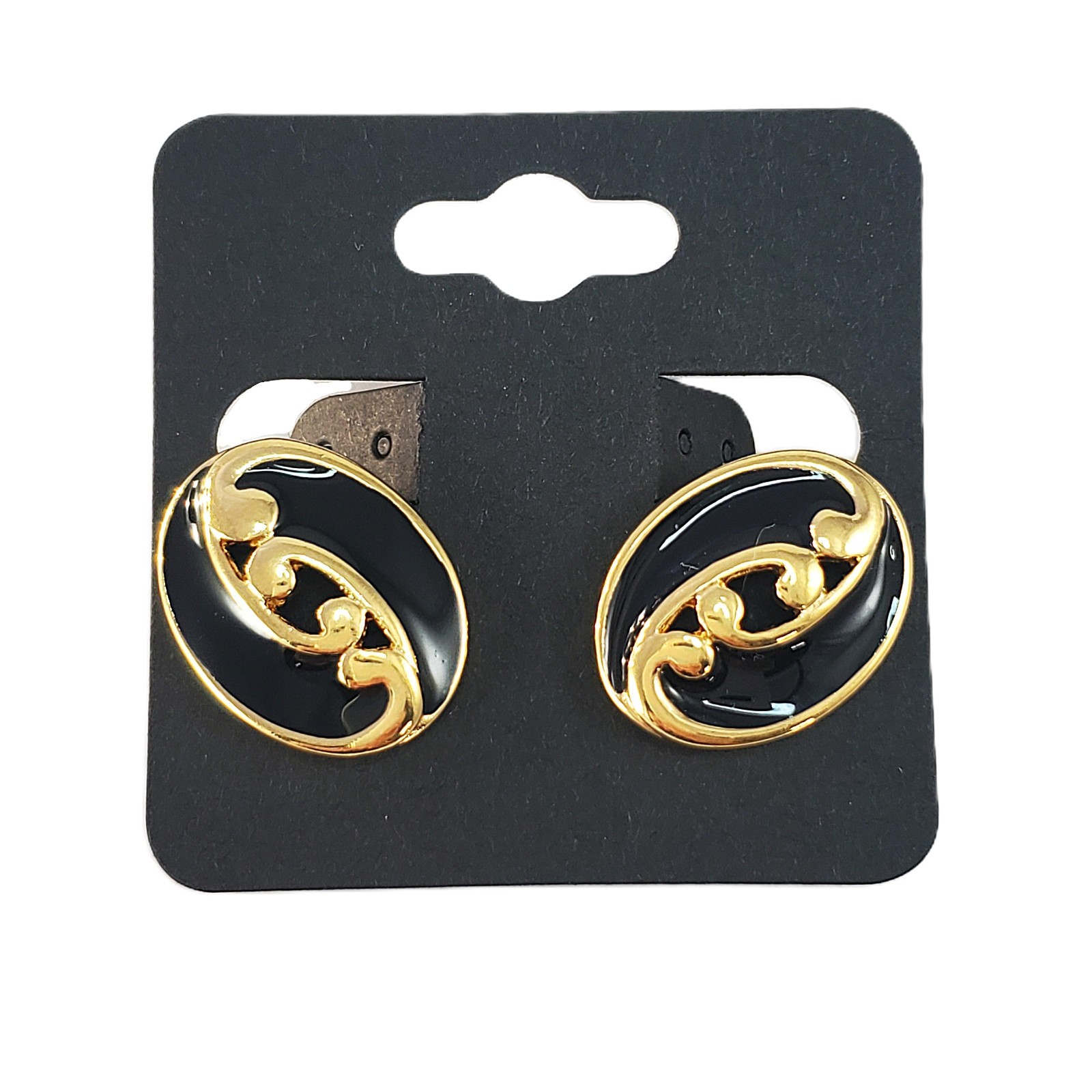 TRIFARI Black Enamel Oval Filigree CLIP ON Vintage 1990s Earrings 0.75″
