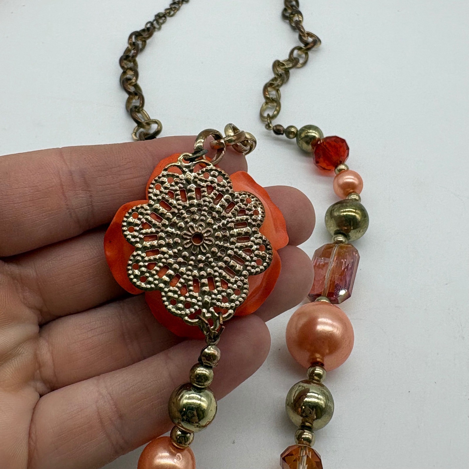 Orange Resin Rose Asymmetrical Statement Necklace Multi-Tonal Beads Gold Tone