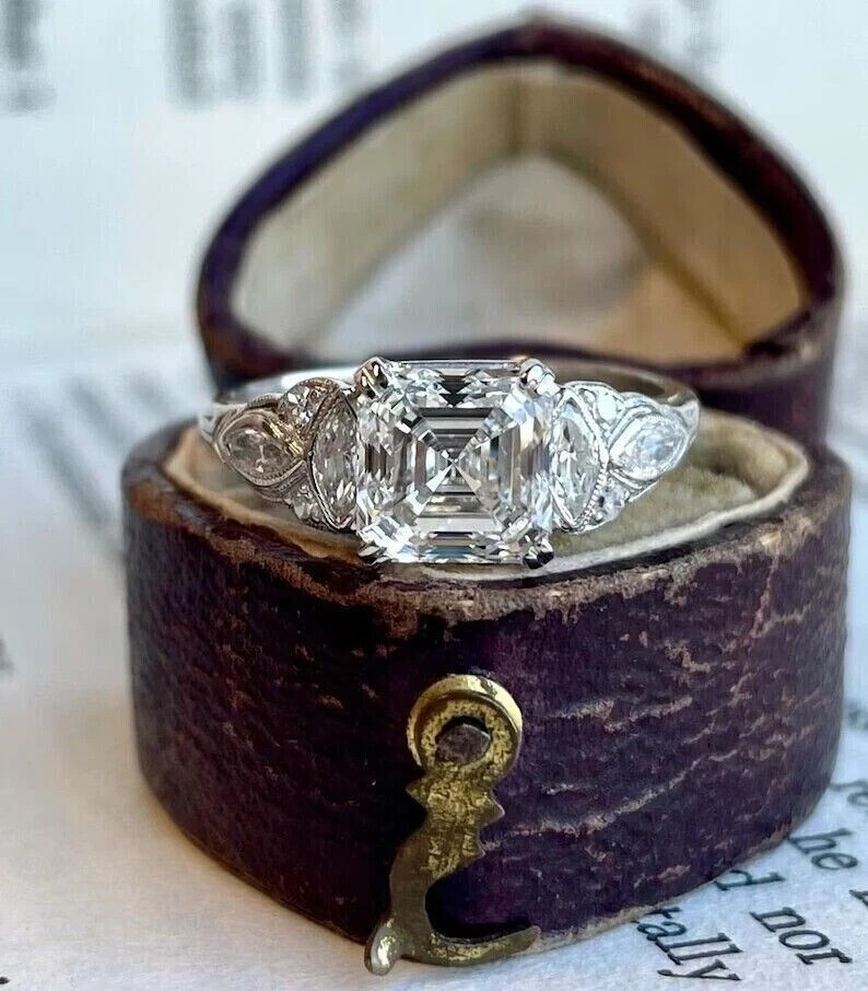 2.7Ct Asscher Cut VVS1 Lab Created Diamond Engagement 14K White Gold Finish Ring