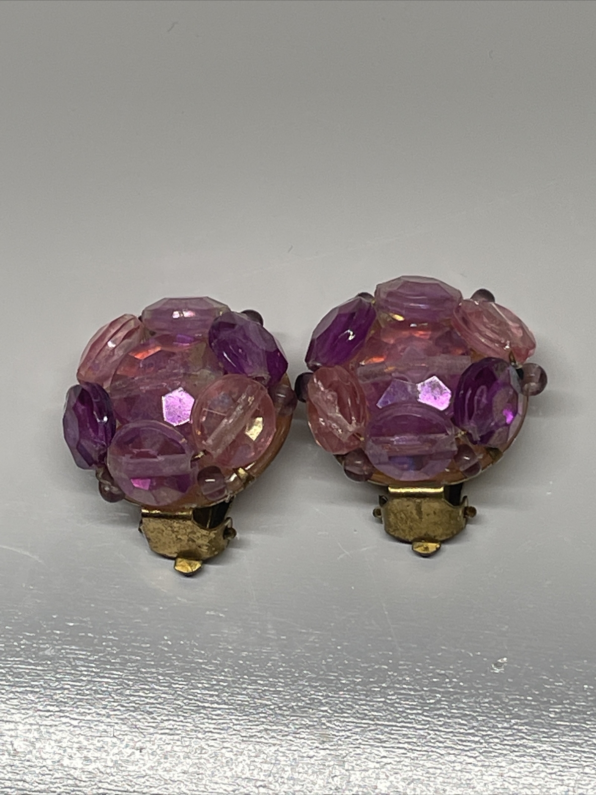 Vintage Western Germany Gold Tone Purple Beaded Cluster Clip On Earrings