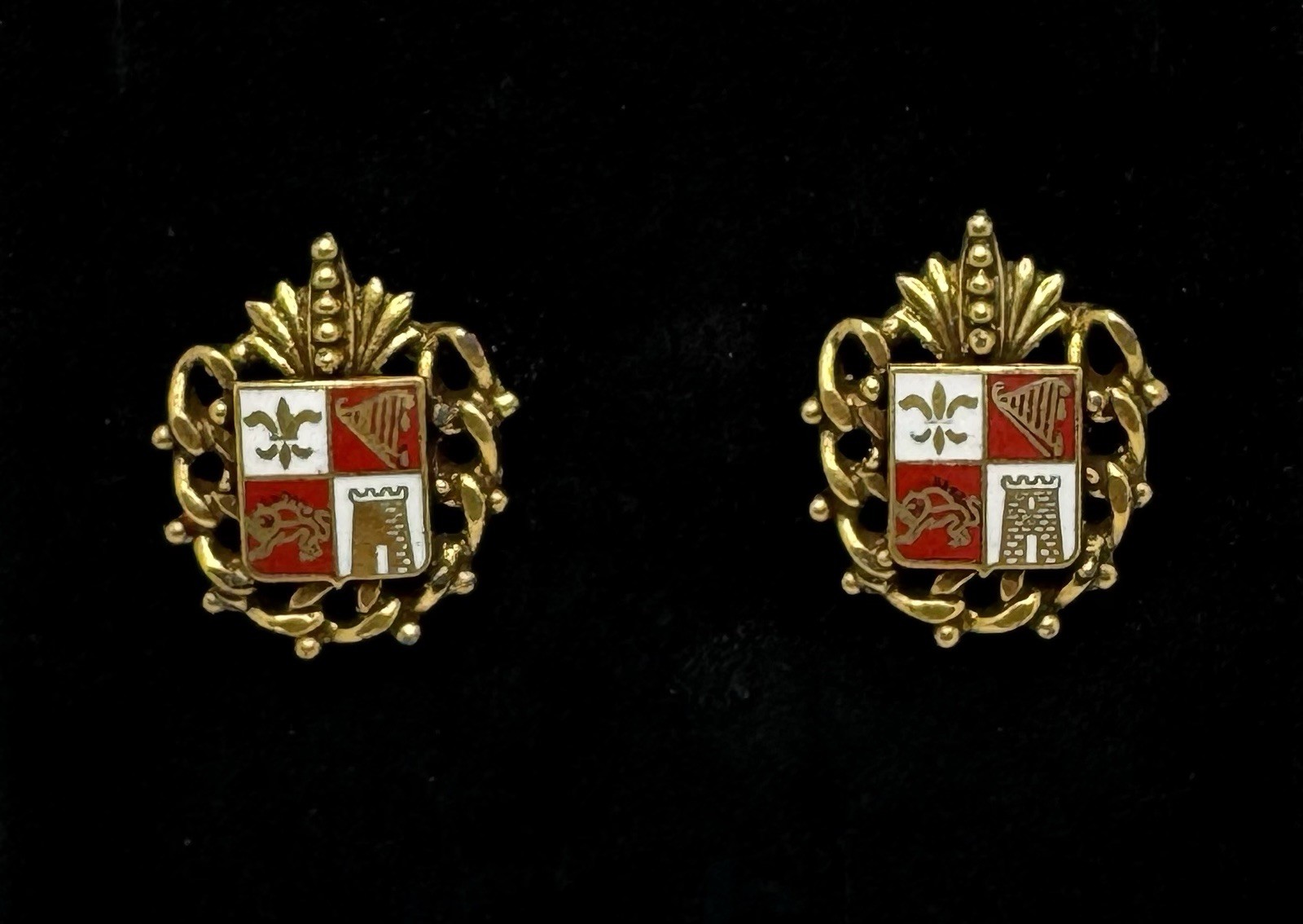Vintage Heraldic Red Gold White Enamel Screw Back Earrings Fleur De Lis Castle