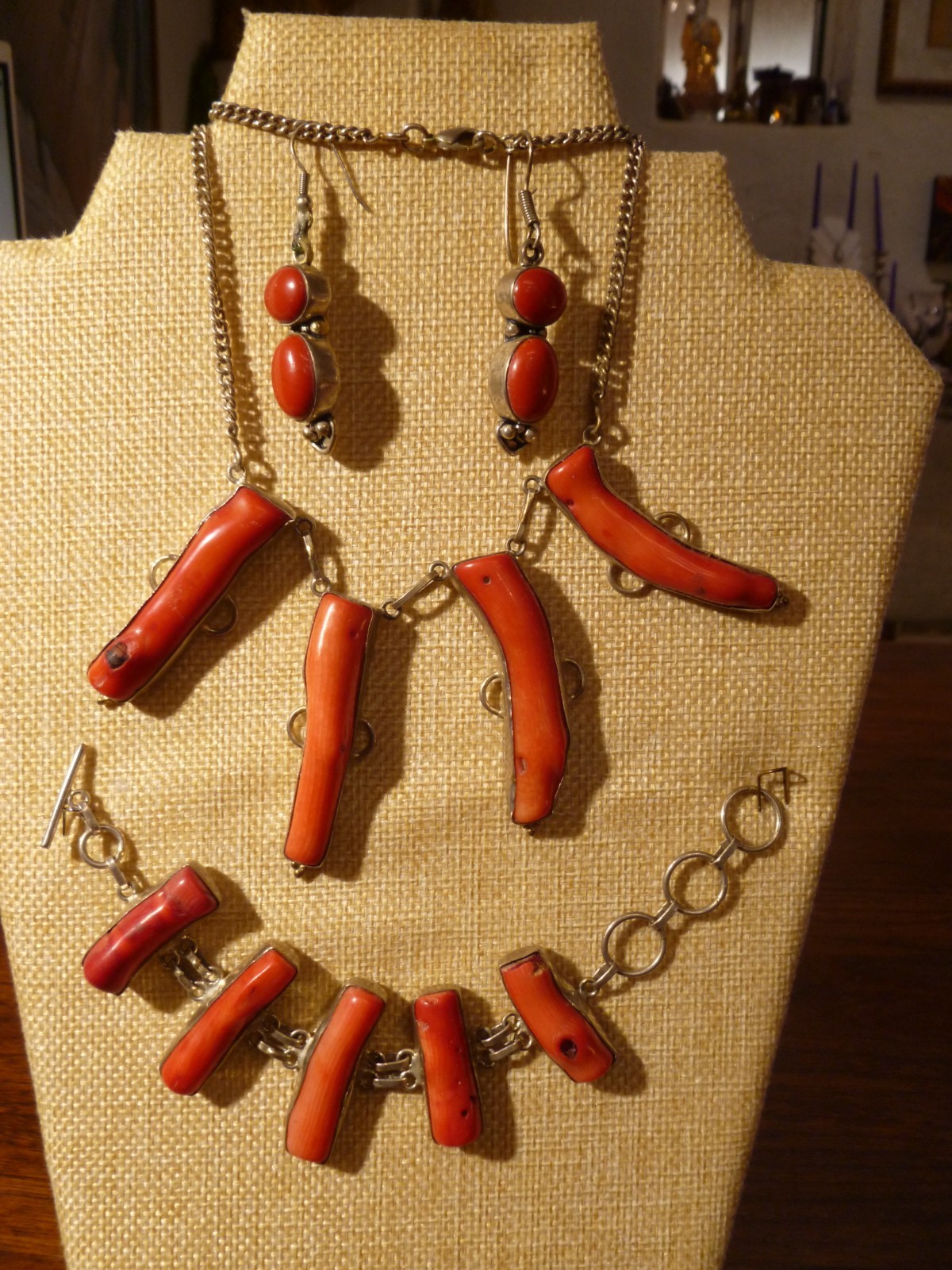 Contemporary Branch Raw Coral Necklace Bracelet Earrings Set On Sterling Silver
