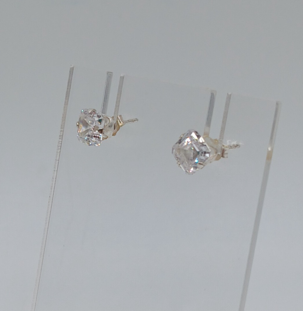 VTG 925 STS Square 6mm CZ Stud Earrings Sterling Silver 1g Asscher Cut Estate