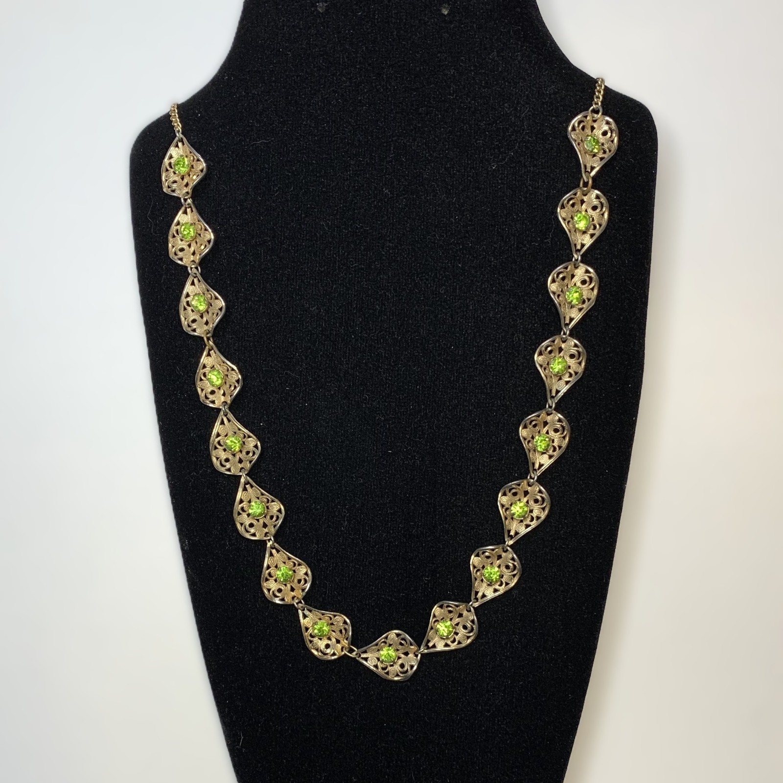 Vintage Gold Tone Necklace Filigree Petals With Lime Green Rhinestones 22”