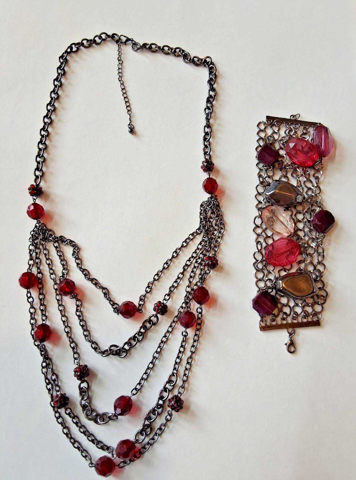 Vintage Multi Strand Tassel Necklace with Deep Red Acrylic Beads and Bracelet.