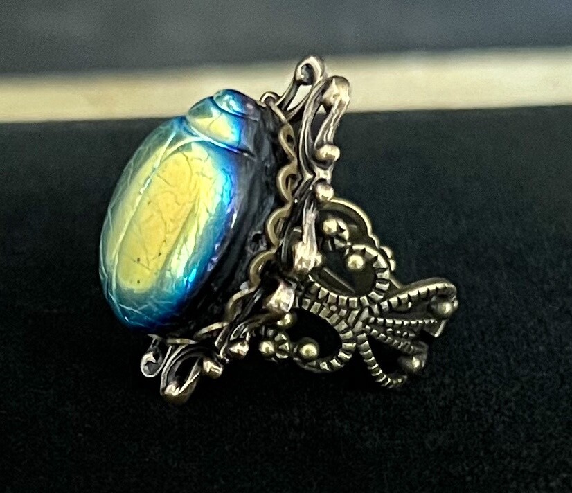 Scarab Ring Tall Egyptian Beetle Antique Czech Glass Egyptian Revival Jewelry