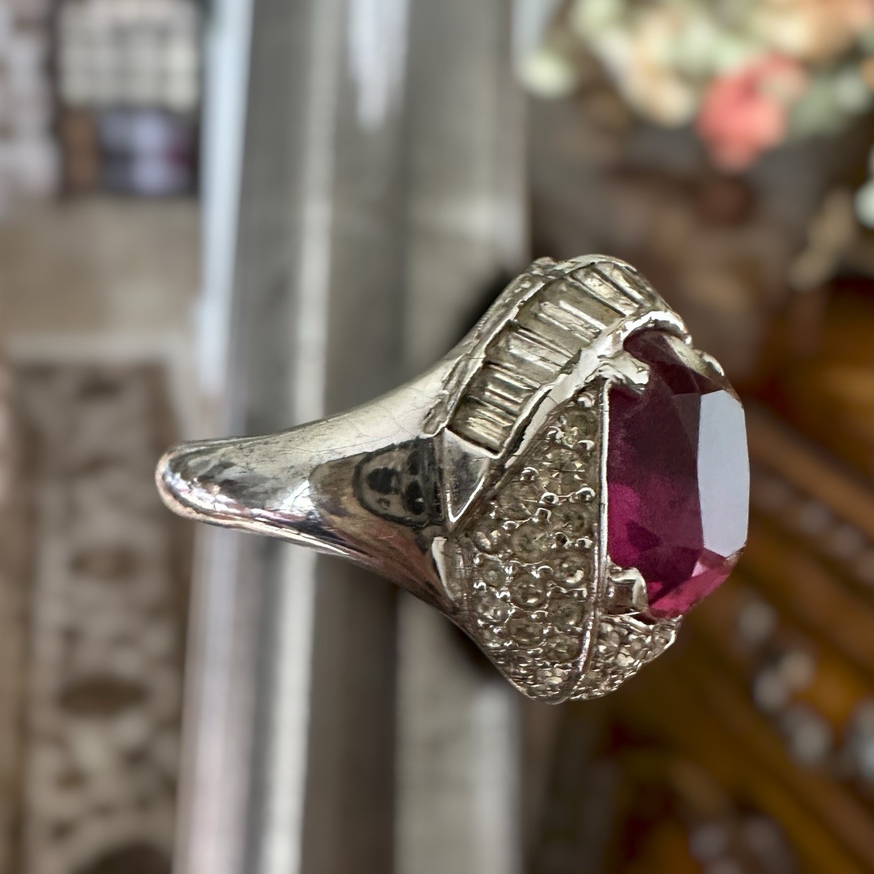 VTG Mazer Statement Substantial Ring Size 7 Crystal Ruby Red Clear Signed Rare