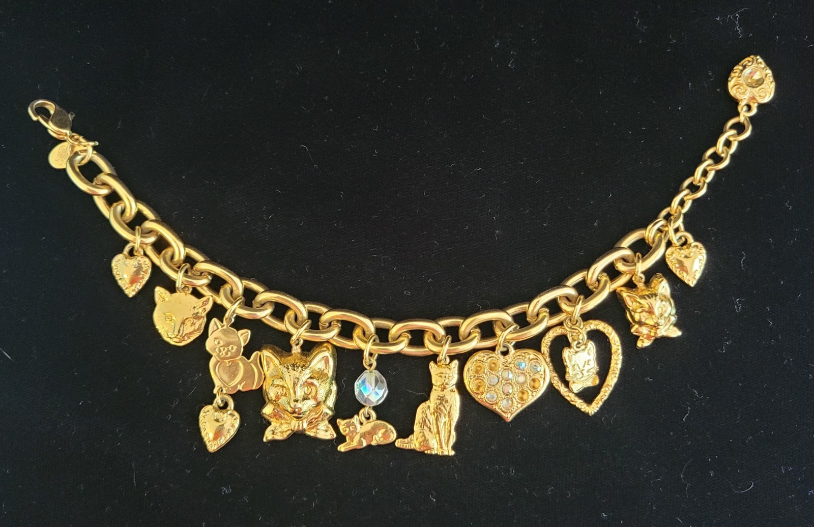 Vintage 1990s Kirk’s Folly Cat Charm Bracelet Gold Tone Rhinestones Cat Lady