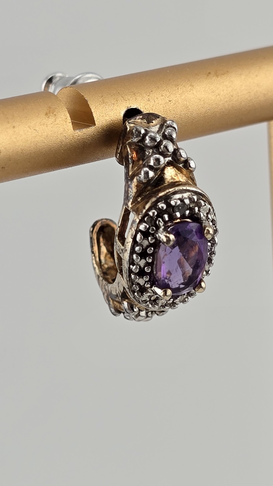 Vintage Brass-Plated 925 Silver Half Hoop Earrings with Amethyst
