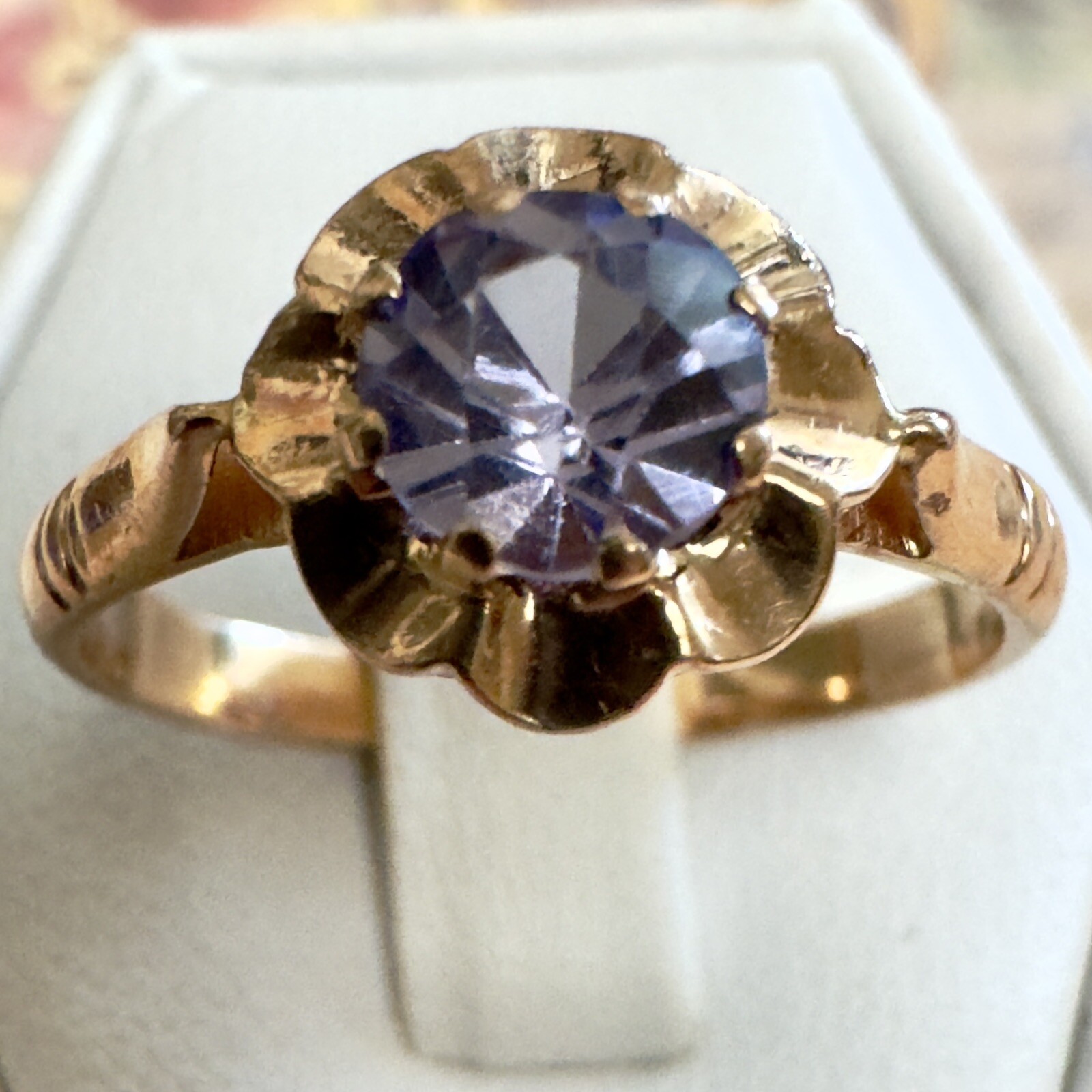 Size 8.5 Vintage 583 14K Rose Gold Gemstone Ring – East European USSR Era #1372
