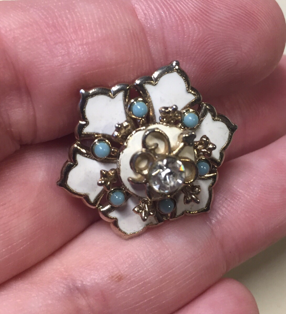 Vintage Rhinestone Enamel Turquoise Flower Brooch