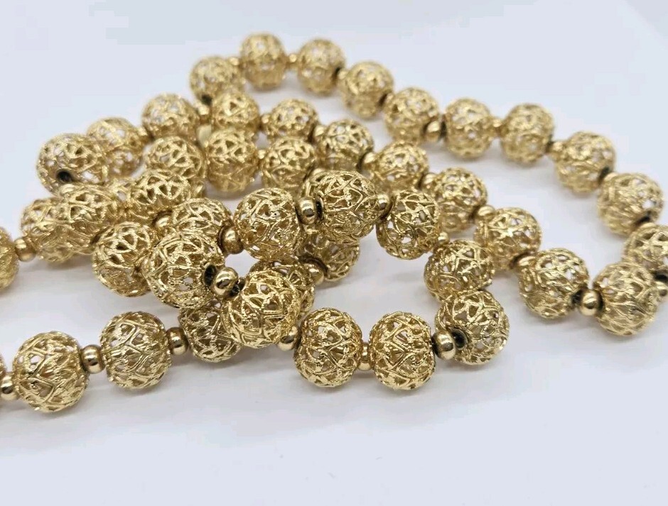 Vintage MONET Necklace Gold Tone Filigree Ball Art Deco Long 25 in