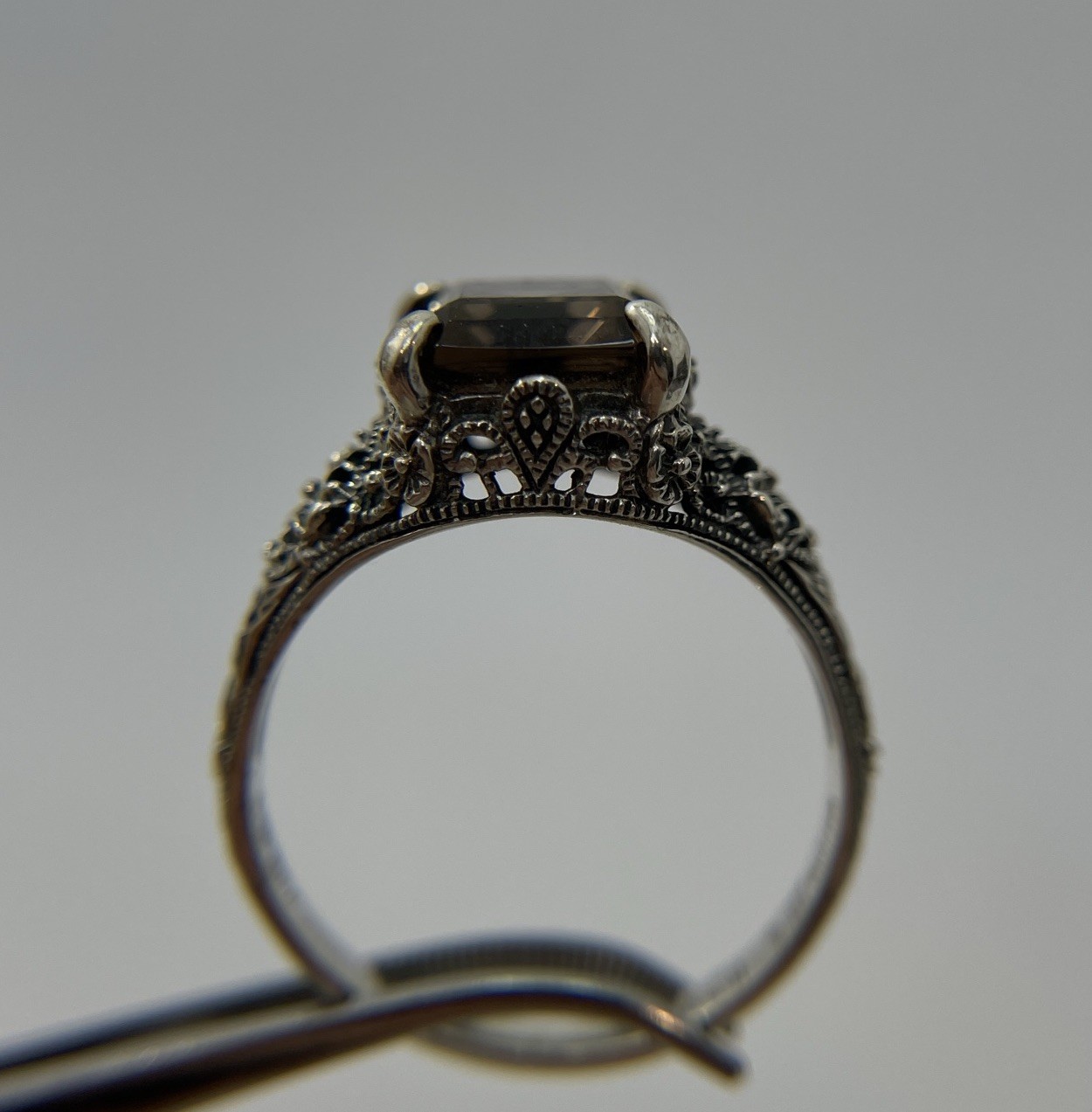 Estate Ring Smokey Gray Quartz Sterling Silver Sz 9.5 Baguette Art Nouveau Style