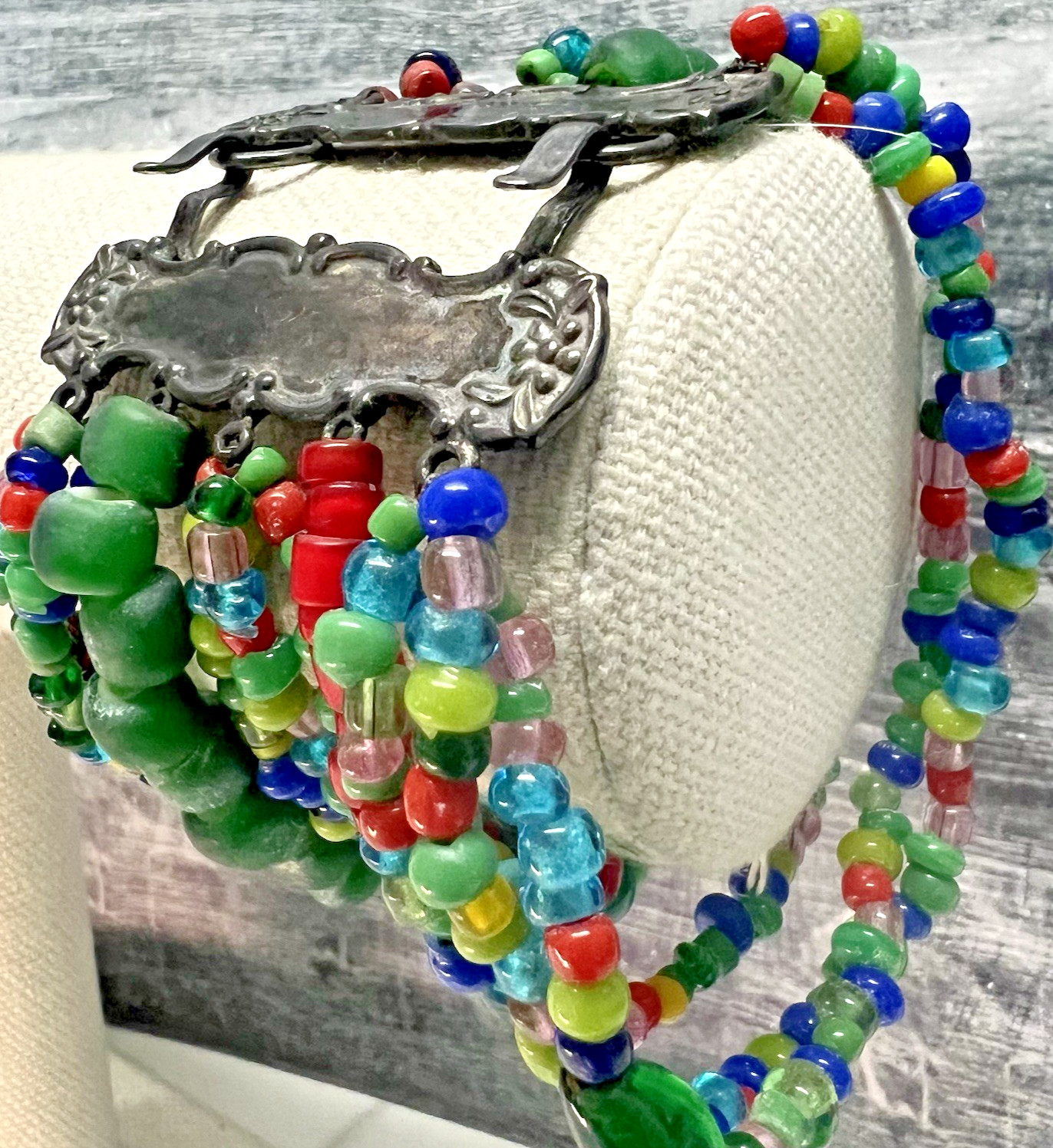 T. FOREE African Trade Multi Strand Glass Beaded Bracelet Sterling Silver 7.5″